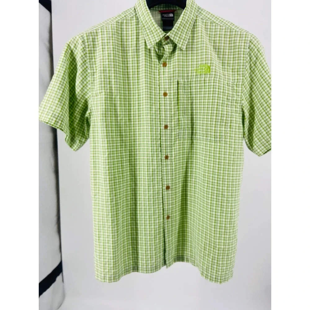 The North Face Mens Green Plaid Short‎ Sleeve Button Down Hiking Shirt Size L